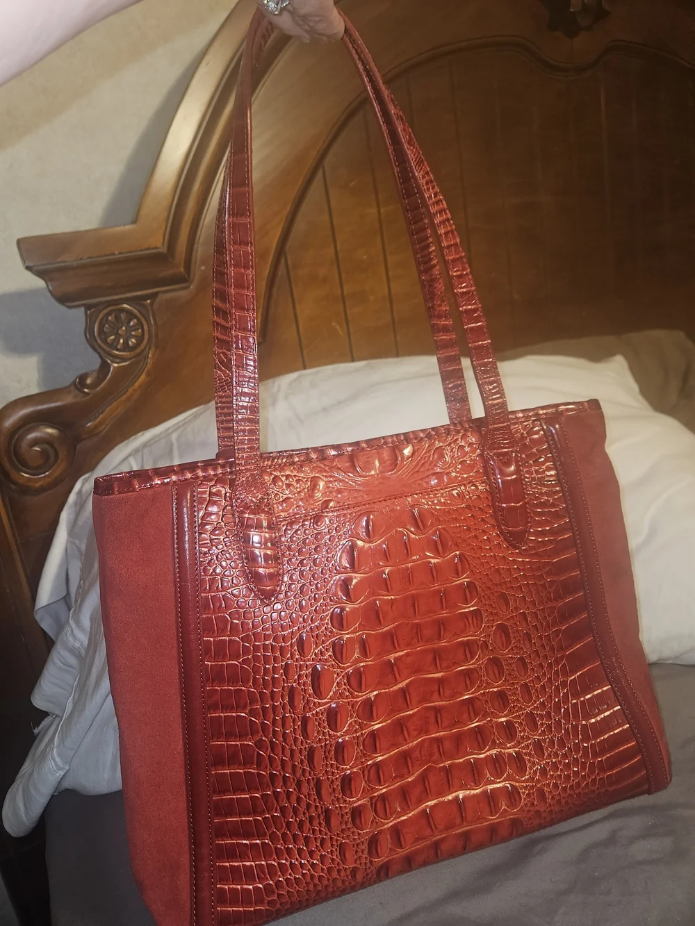 Brahmin Red Croc-Embossed Leather Tote with Gold Medallion